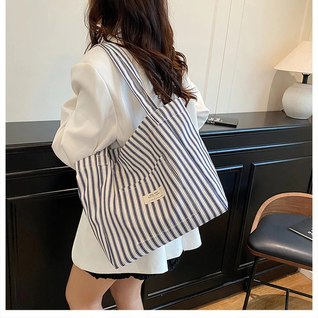 New Shopping Bag Beach Tote Bag Fashion Women Canvas Summer Large Capacity Striped Shoulder Bag Tote Handbag Shoulder Bags ﻿