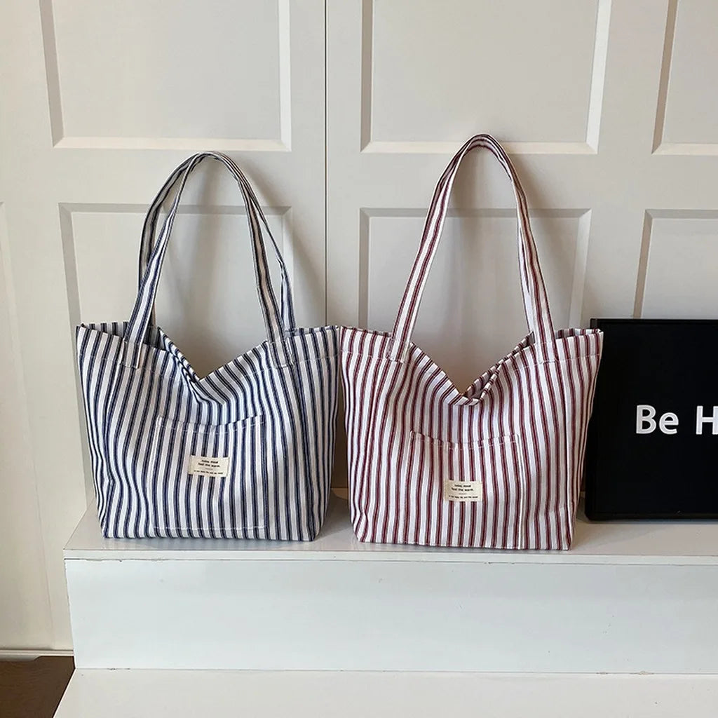 New Shopping Bag Beach Tote Bag Fashion Women Canvas Summer Large Capacity Striped Shoulder Bag Tote Handbag Shoulder Bags ﻿