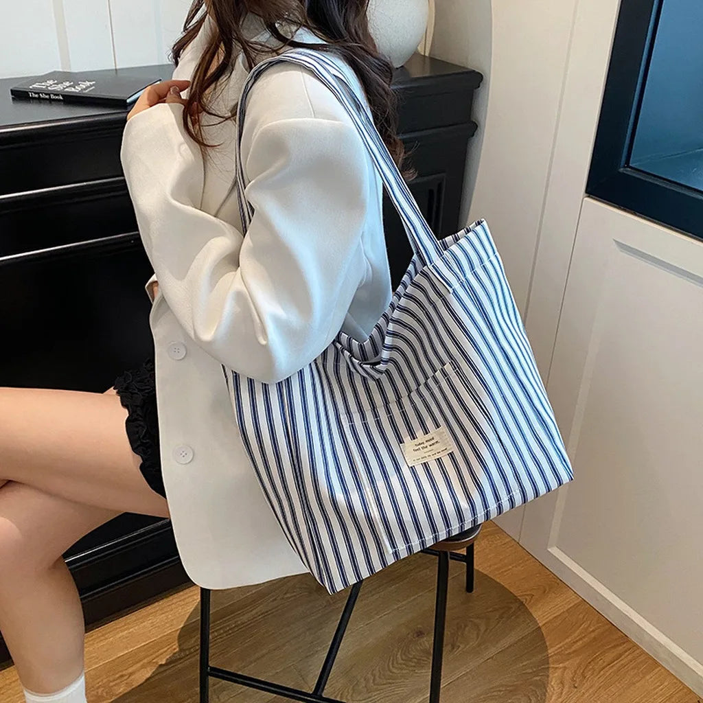 New Shopping Bag Beach Tote Bag Fashion Women Canvas Summer Large Capacity Striped Shoulder Bag Tote Handbag Shoulder Bags ﻿