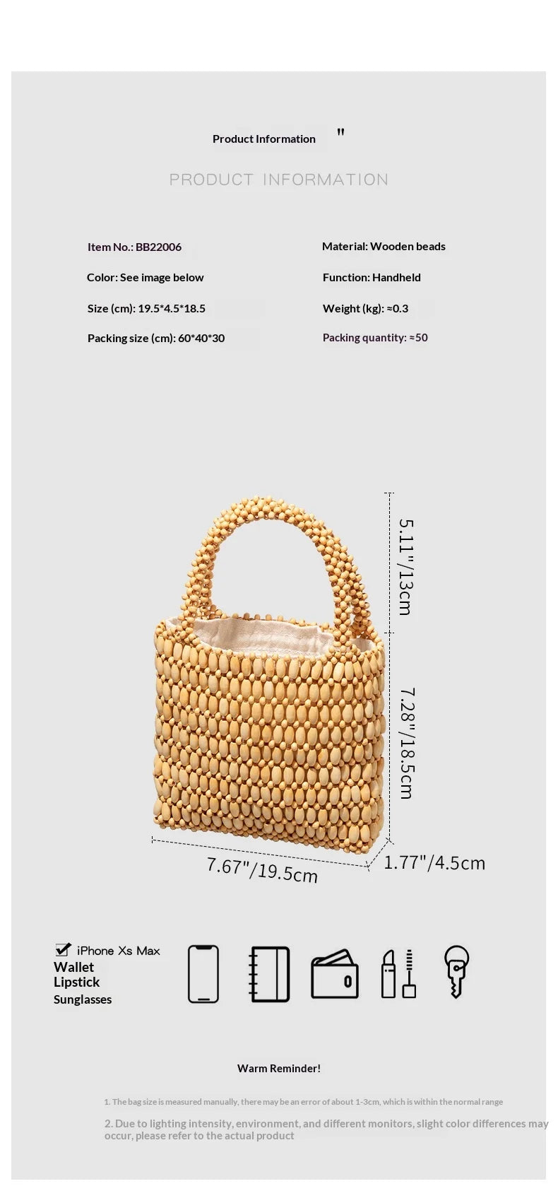 Women's Tote Bag Large Capacity Color Block Wooden Beaded Handmade Bohemian Summer Beach Resort Vacation