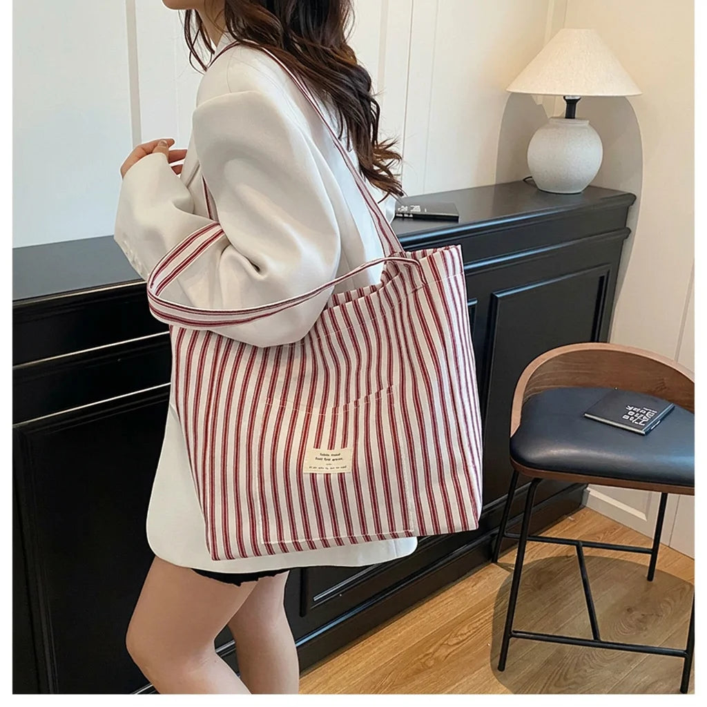 New Shopping Bag Beach Tote Bag Fashion Women Canvas Summer Large Capacity Striped Shoulder Bag Tote Handbag Shoulder Bags ﻿