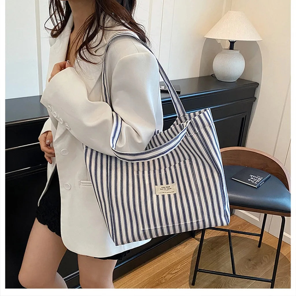 New Shopping Bag Beach Tote Bag Fashion Women Canvas Summer Large Capacity Striped Shoulder Bag Tote Handbag Shoulder Bags ﻿