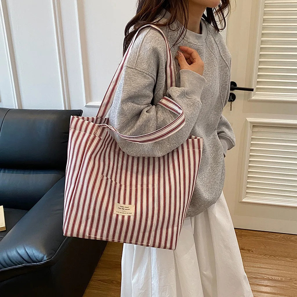 New Shopping Bag Beach Tote Bag Fashion Women Canvas Summer Large Capacity Striped Shoulder Bag Tote Handbag Shoulder Bags ﻿