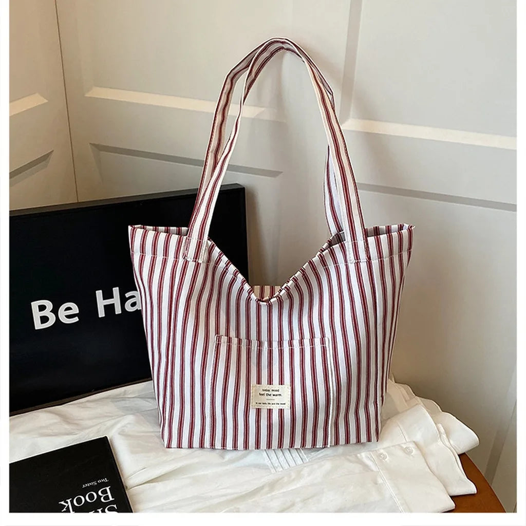 New Shopping Bag Beach Tote Bag Fashion Women Canvas Summer Large Capacity Striped Shoulder Bag Tote Handbag Shoulder Bags ﻿