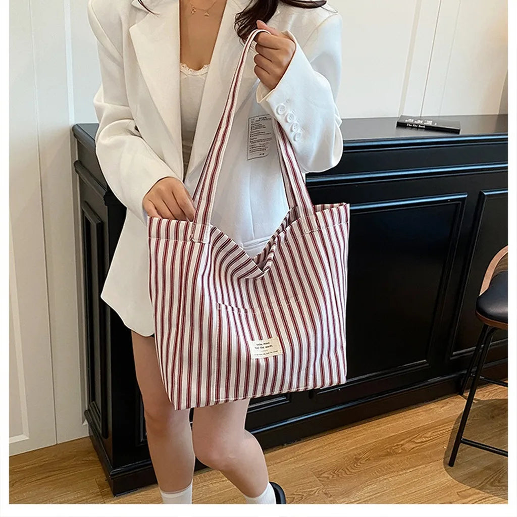 New Shopping Bag Beach Tote Bag Fashion Women Canvas Summer Large Capacity Striped Shoulder Bag Tote Handbag Shoulder Bags ﻿