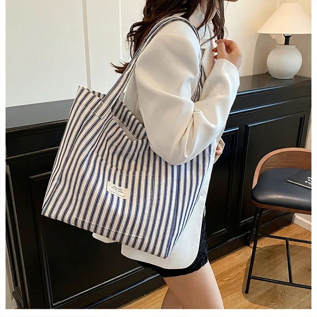 New Shopping Bag Beach Tote Bag Fashion Women Canvas Summer Large Capacity Striped Shoulder Bag Tote Handbag Shoulder Bags ﻿