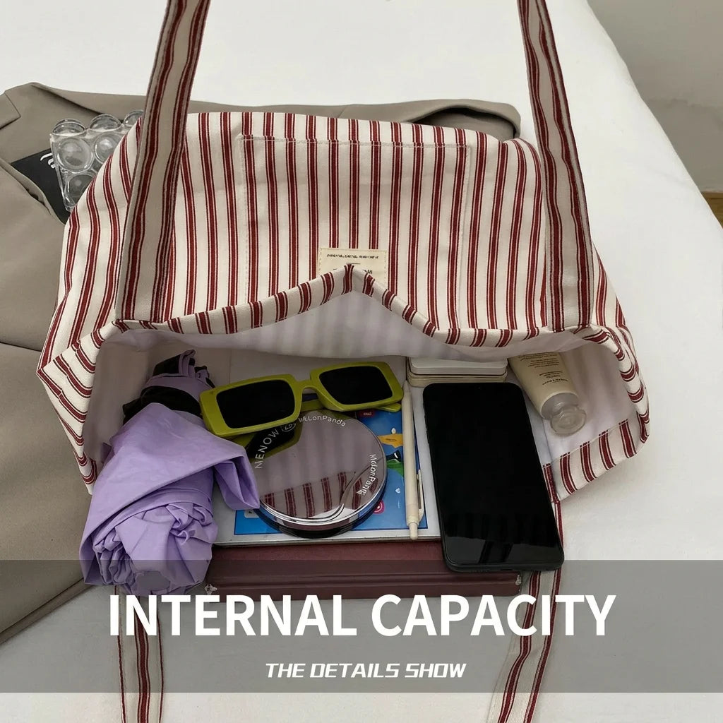 New Shopping Bag Beach Tote Bag Fashion Women Canvas Summer Large Capacity Striped Shoulder Bag Tote Handbag Shoulder Bags ﻿
