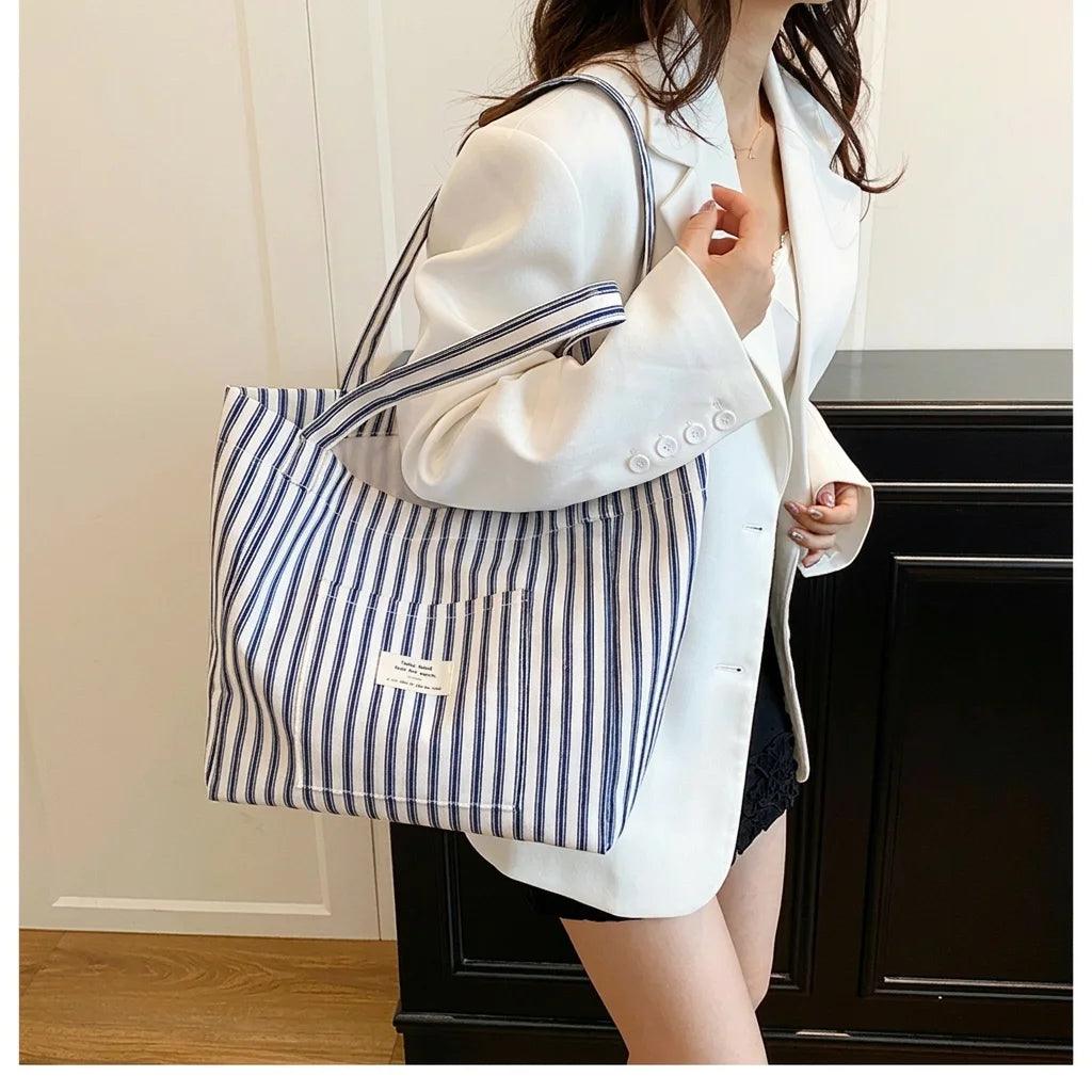 New Shopping Bag Beach Tote Bag Fashion Women Canvas Summer Large Capacity Striped Shoulder Bag Tote Handbag Shoulder Bags ﻿