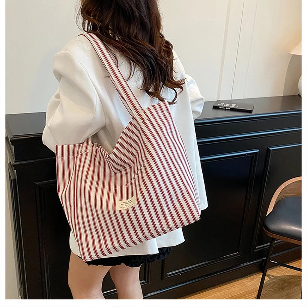 New Shopping Bag Beach Tote Bag Fashion Women Canvas Summer Large Capacity Striped Shoulder Bag Tote Handbag Shoulder Bags ﻿