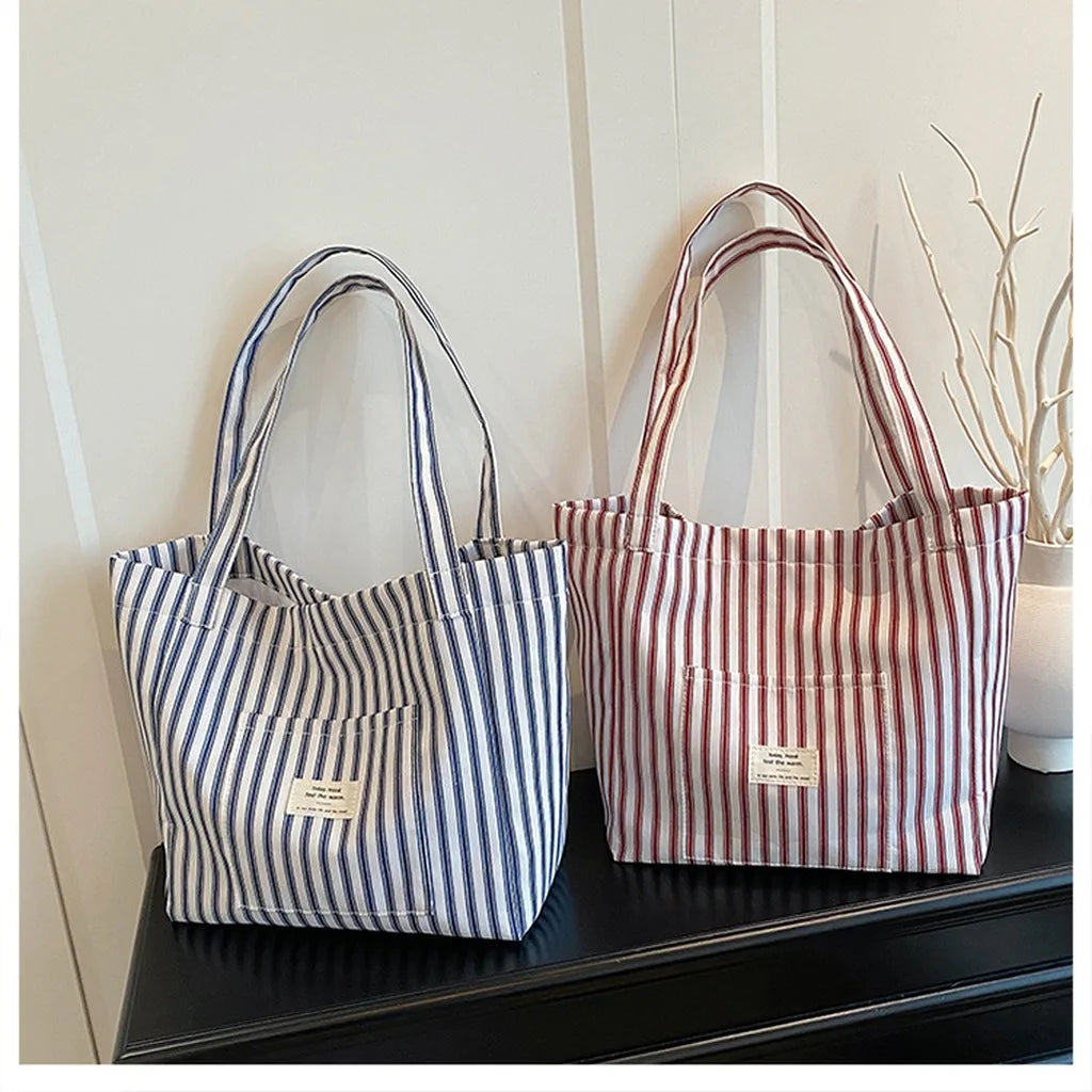 New Shopping Bag Beach Tote Bag Fashion Women Canvas Summer Large Capacity Striped Shoulder Bag Tote Handbag Shoulder Bags ﻿