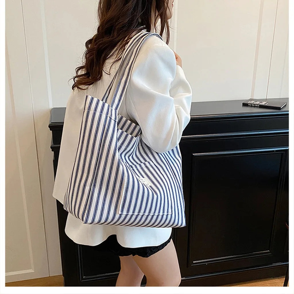 New Shopping Bag Beach Tote Bag Fashion Women Canvas Summer Large Capacity Striped Shoulder Bag Tote Handbag Shoulder Bags ﻿