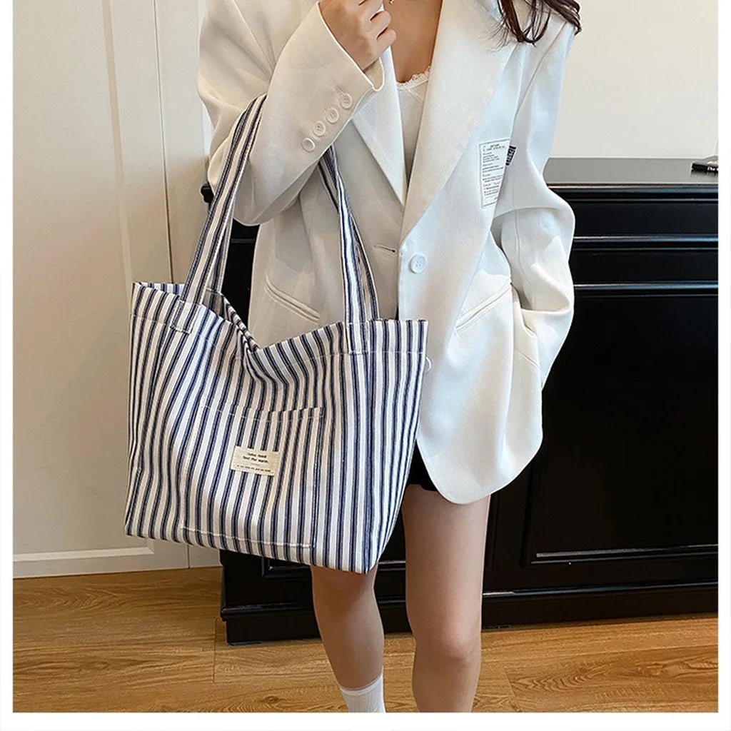 New Shopping Bag Beach Tote Bag Fashion Women Canvas Summer Large Capacity Striped Shoulder Bag Tote Handbag Shoulder Bags ﻿
