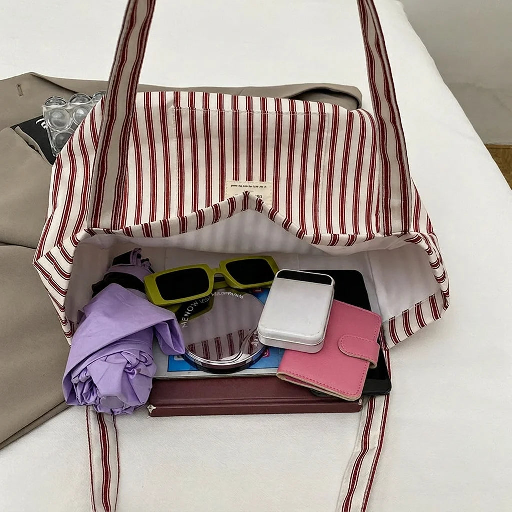 New Shopping Bag Beach Tote Bag Fashion Women Canvas Summer Large Capacity Striped Shoulder Bag Tote Handbag Shoulder Bags ﻿
