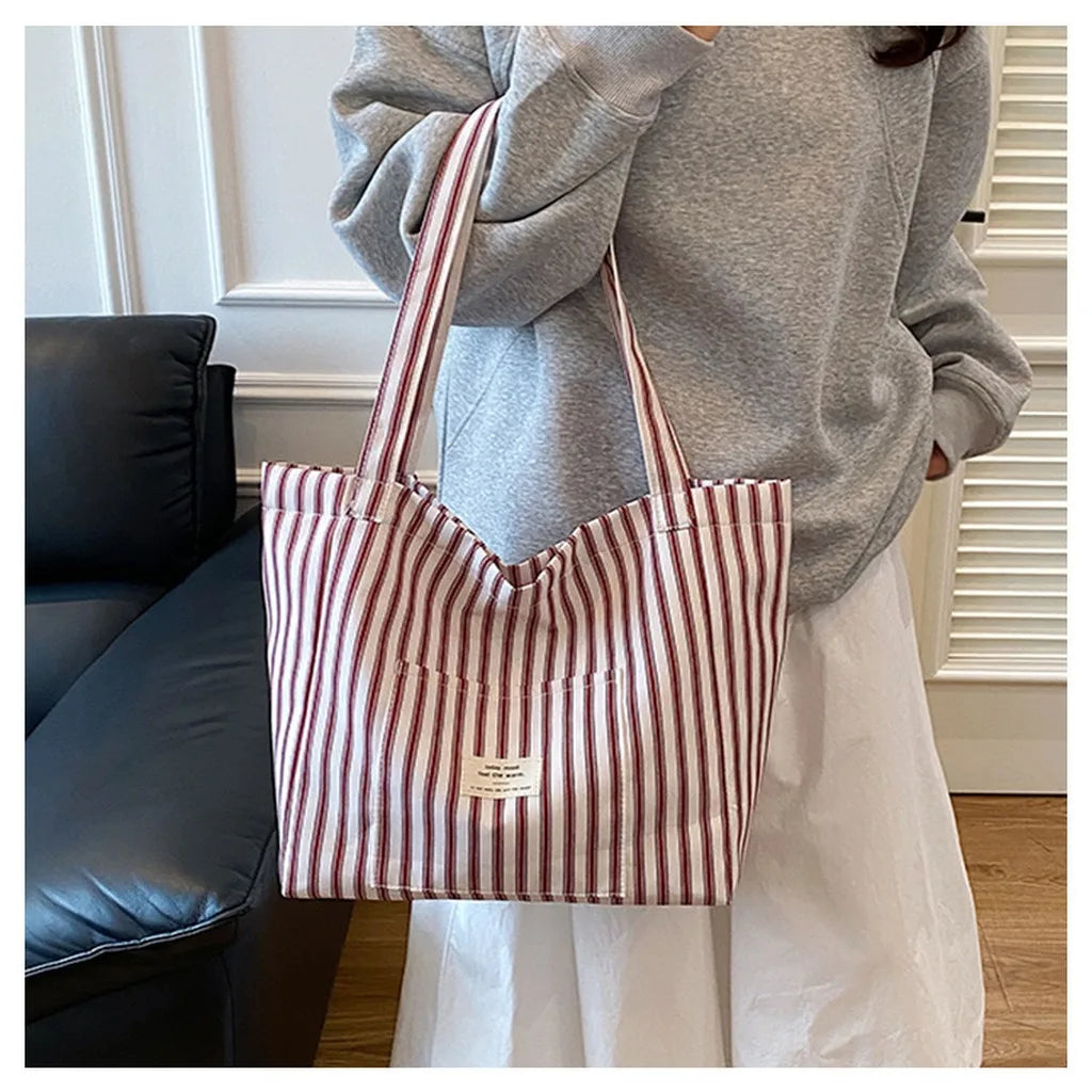 New Shopping Bag Beach Tote Bag Fashion Women Canvas Summer Large Capacity Striped Shoulder Bag Tote Handbag Shoulder Bags ﻿