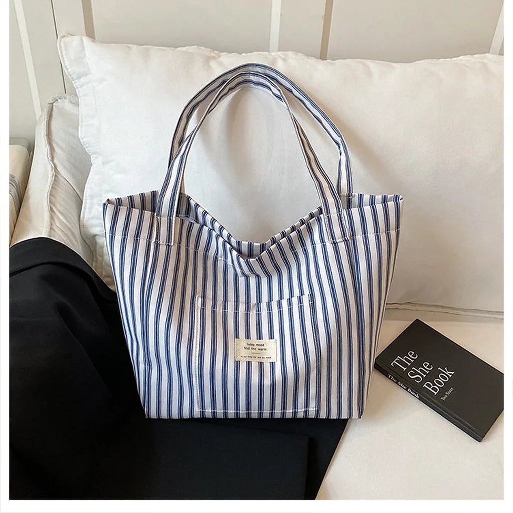 New Shopping Bag Beach Tote Bag Fashion Women Canvas Summer Large Capacity Striped Shoulder Bag Tote Handbag Shoulder Bags ﻿