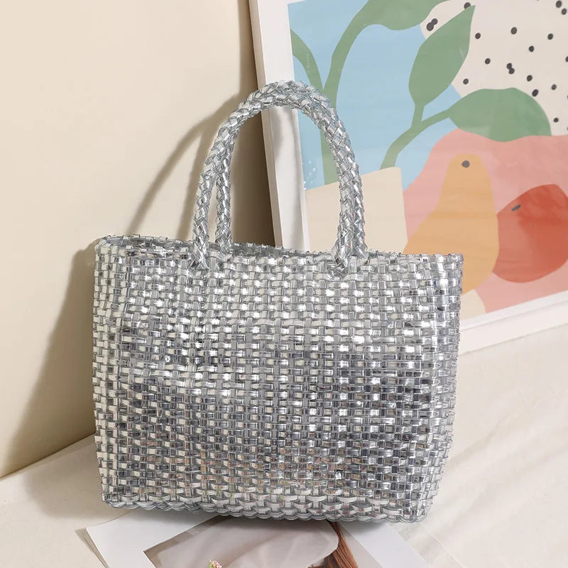 Fashionable Metallic Hand-held Large Capacity Woven Bag New Minimalist Tote Bag Women's Beach Vacation Beach Bag