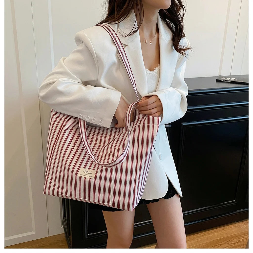 New Shopping Bag Beach Tote Bag Fashion Women Canvas Summer Large Capacity Striped Shoulder Bag Tote Handbag Shoulder Bags ﻿